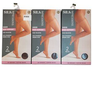 NEW 3 Packs of 2 Pair Silk Impressions SZ XL Sheer Pantyhose Tights Coffee Bean